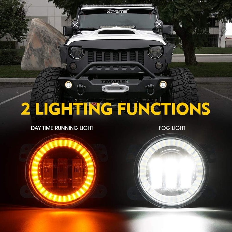 Xprite أضواء ضباب LED بحجم 4 بوصات مع حلقة هالة صفراء وعين زاوية DRL، 60 واط، مصابيح ضباب أمامية فائقة السطوع، قابلة للتوصيل والاستبدال متوافقة مع جيب رانجلر غير المحدود JK من 2007-2018، معتمدة من DOT - Image 2